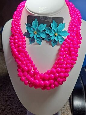 Bold Pink Multi-6 Strand Beaded Necklace / Teal Flower Earrings  - Women Jewelry